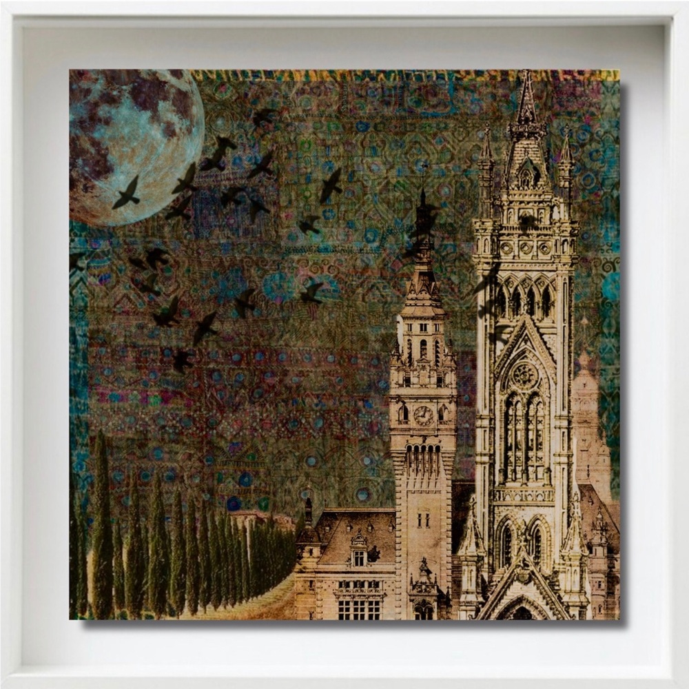 “Arazzo” Lovely Surreal Artwork on 8” SQ Glass Tile Mounted in Shadowbox Frame